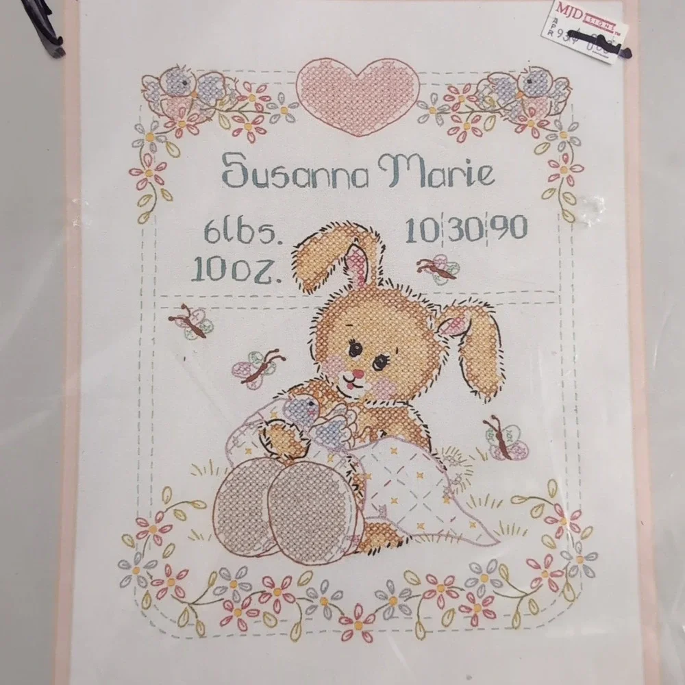 Bucilla Stamped Cross Stitch Kit Baby Birth Record 11x14 Bashful Bunny 40454 90s